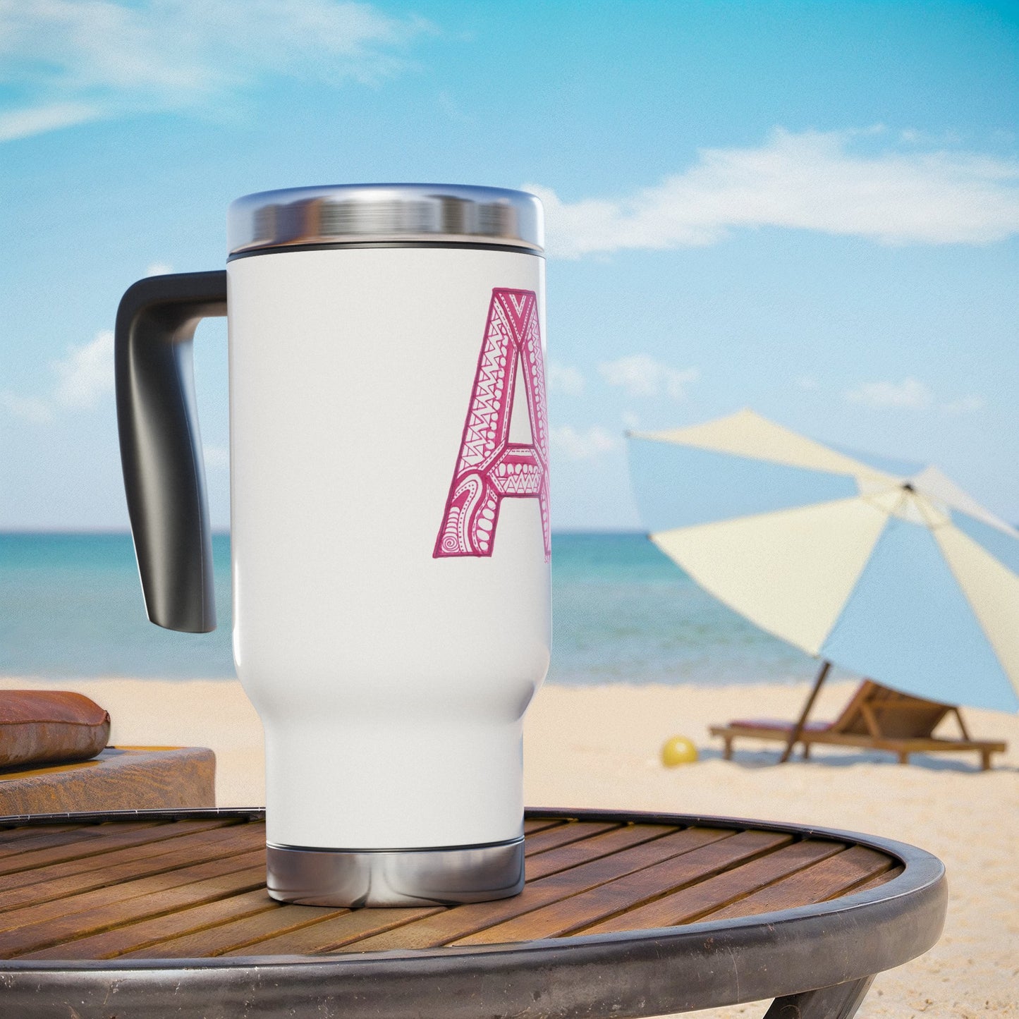 Zentangle A - Stainless Steel Travel Mug with Handle, 14oz