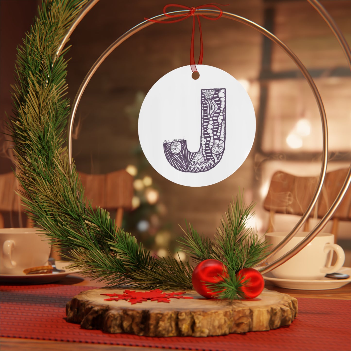 Zentangle J - Metal Ornament