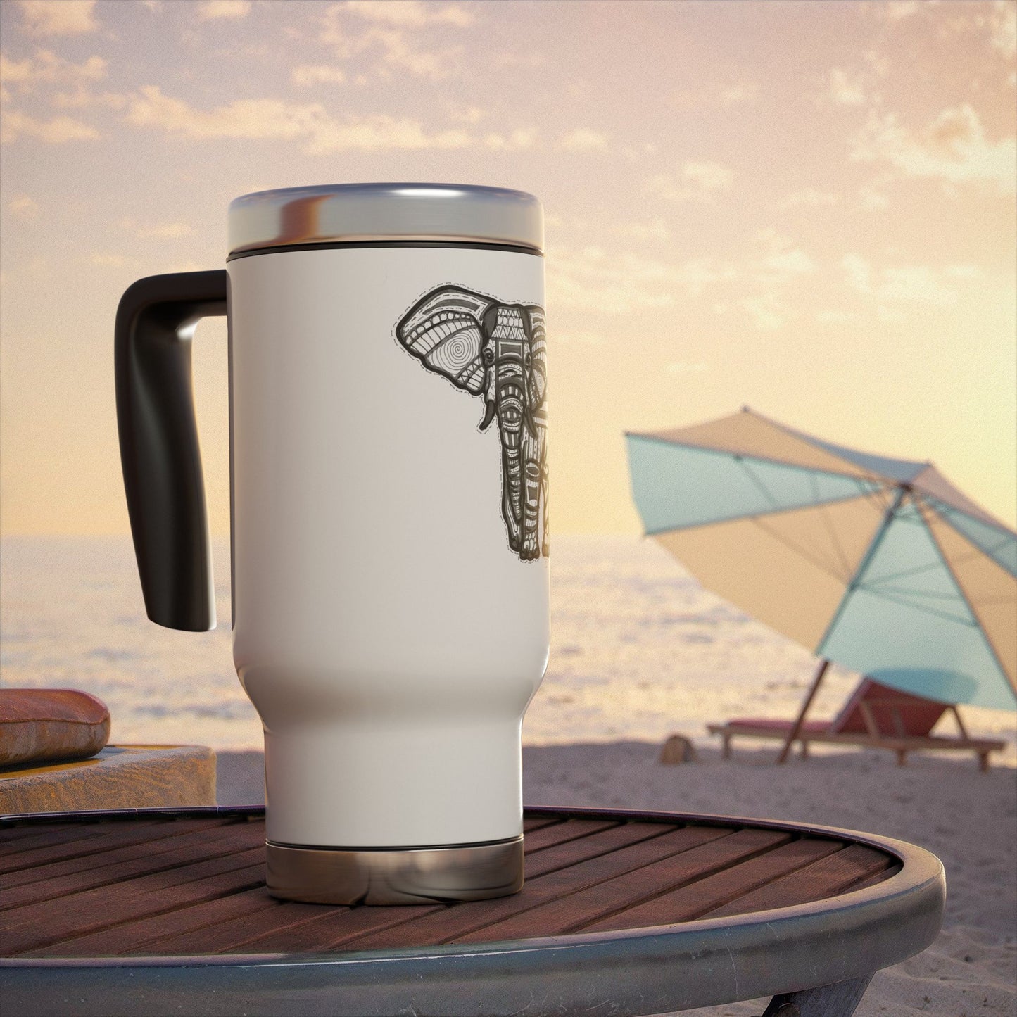 Zentangle Elephant - Stainless Steel Travel Mug with Handle, 14oz