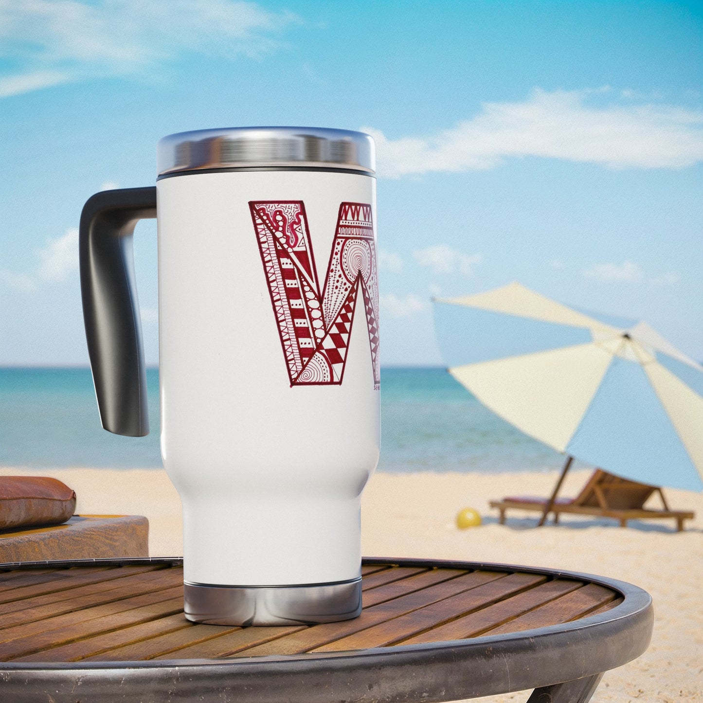 Zentangle W - Stainless Steel Travel Mug with Handle, 14oz