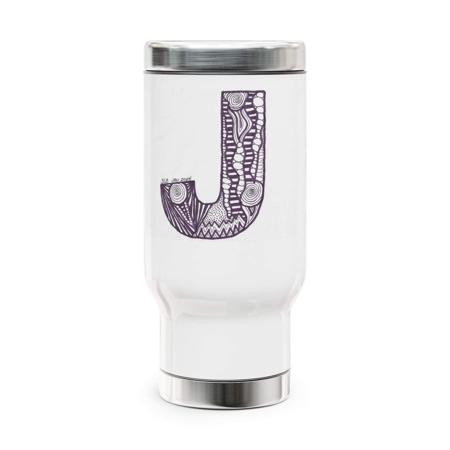 Zentangle J - Stainless Steel Travel Mug with Handle, 14oz