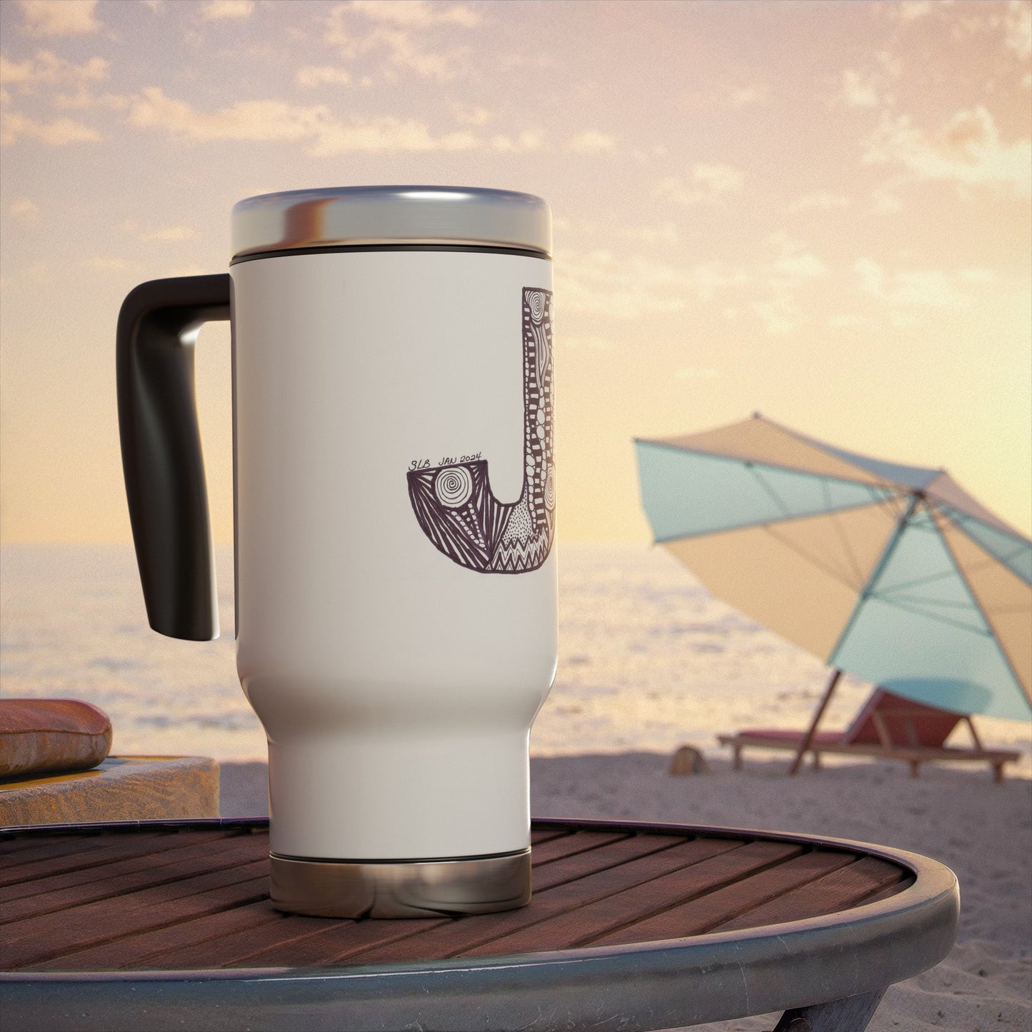 Zentangle J - Stainless Steel Travel Mug with Handle, 14oz