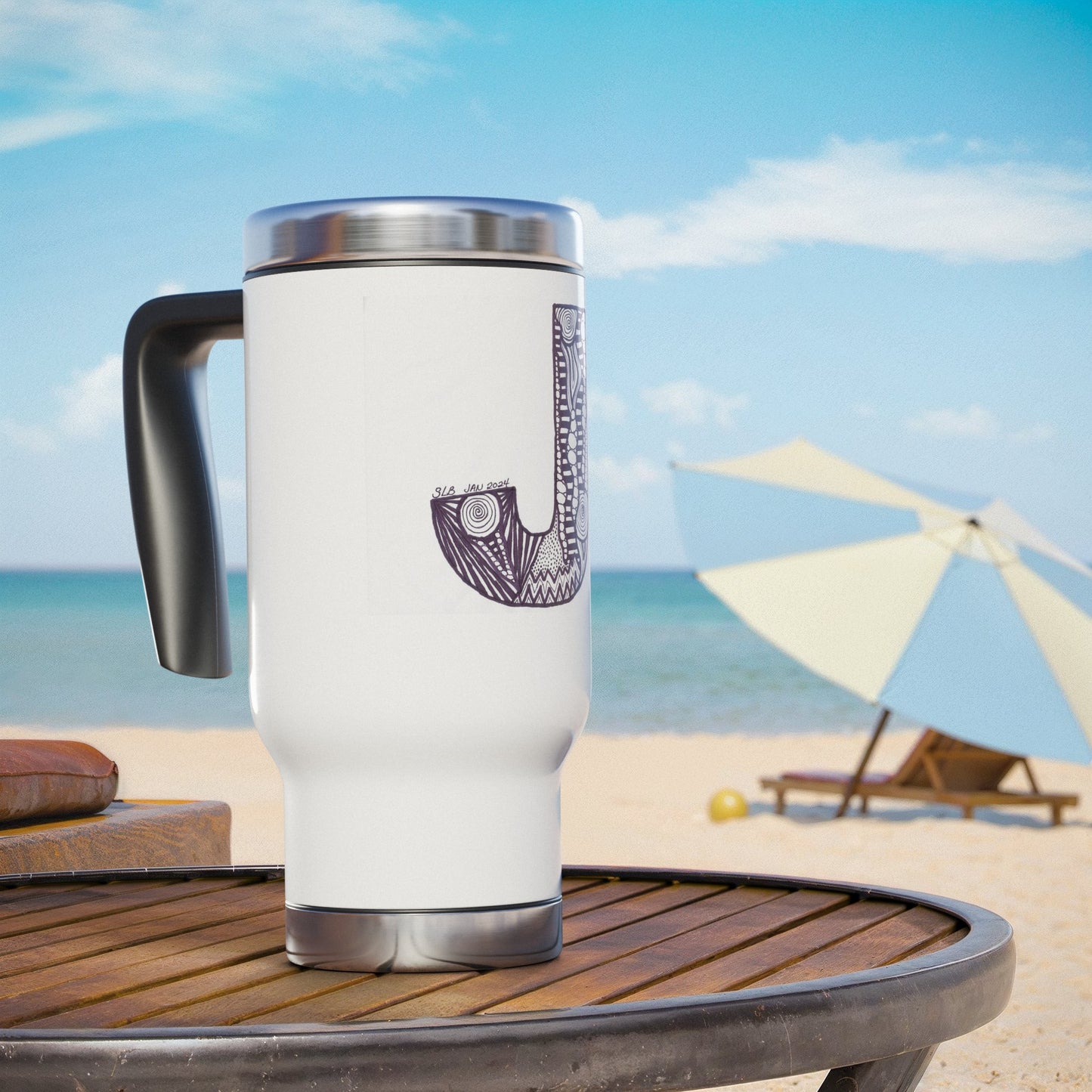 Zentangle J - Stainless Steel Travel Mug with Handle, 14oz