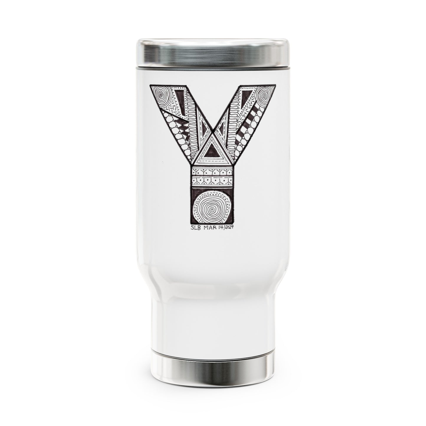 Zentangle Y - Stainless Steel Travel Mug with Handle, 14oz