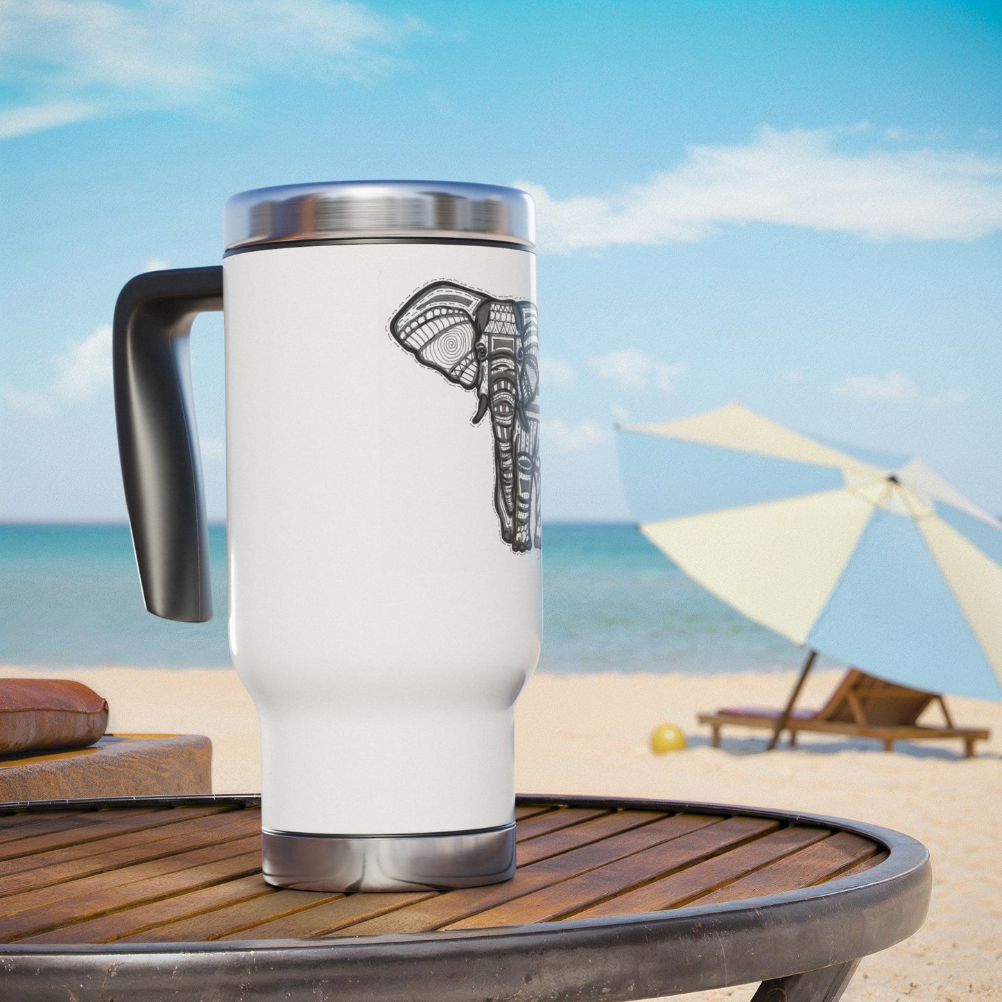 Zentangle Elephant - Stainless Steel Travel Mug with Handle, 14oz
